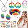 BOFUNX 5pcs Kit de Déguisements Hippie Rétro Hippie Années 60 70 Collier Boucles doreilles Signe de Paix Bandeau Lunettes+5f