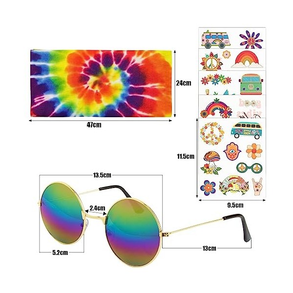 BOFUNX 5pcs Kit de Déguisements Hippie Rétro Hippie Années 60 70 Collier Boucles doreilles Signe de Paix Bandeau Lunettes+5f