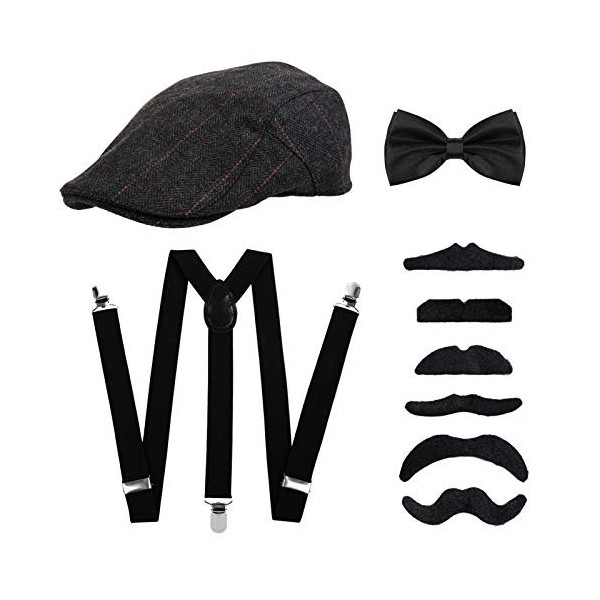 LIHAO Lot de 9 Accessoires pour Homme Style Années 1920, Kit de Déguisement Gatsby avec Bonnet, Bretelles, Nœud Papillon, Mou