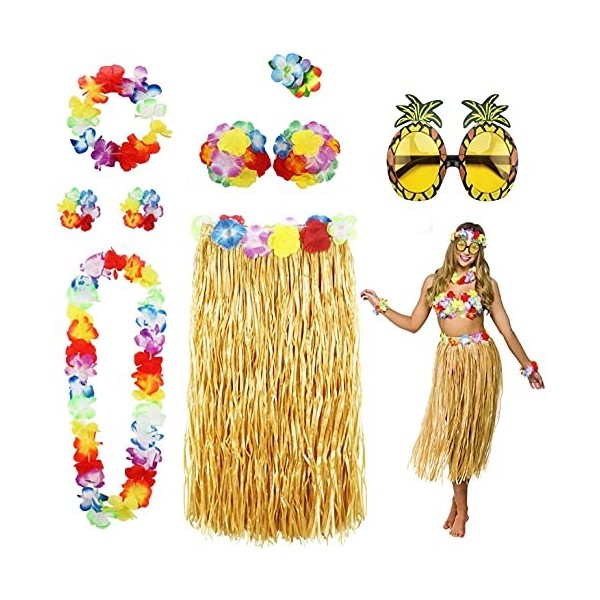 CO 8PCS Costume dHawaï, Jupe de Hula Kit daccessoires，Déguisement pour Fille Femme,Hula Dansant,Hawaiian Lei,Pince à Cheveu