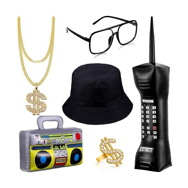 WDJLNZB Kit de Hip Hop 6pcs, Kit de Costume de Hip Hop Homme 90 Années 80 Accessoires de Rappeur Chapeau de Seau Or Signe de 