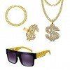 Kit de costume de rappeur avec chaîne plaquée or, pendentif signe dollar, bague et bracelet - Accessoires de déguisement de h