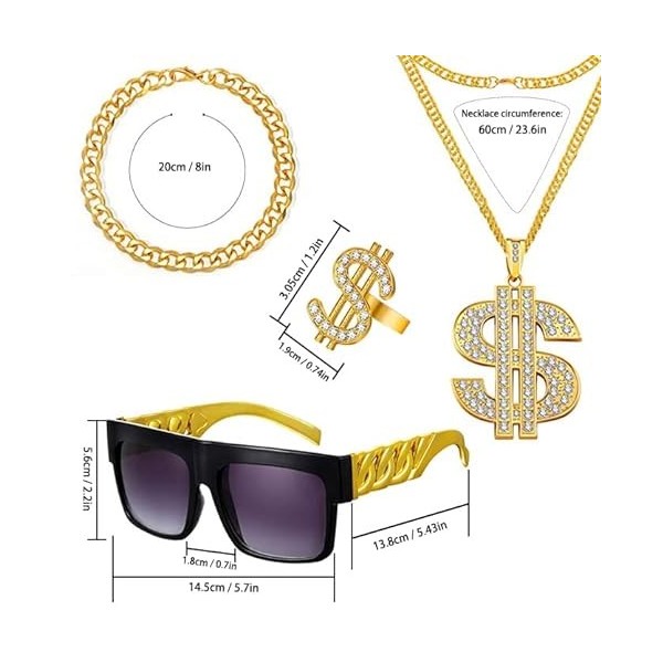 Kit de costume de rappeur avec chaîne plaquée or, pendentif signe dollar, bague et bracelet - Accessoires de déguisement de h