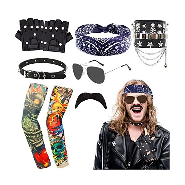 10PCS Deguisements Rock Accessoires,Accessoires de Costume Rock avec  Bandana Manches Couvre Gants Bracelet Lunettes Moustache