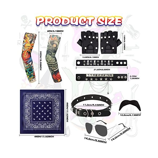 10PCS Deguisements Rock Accessoires,Accessoires de Costume Rock avec Bandana Manches Couvre Gants Bracelet Lunettes Moustache