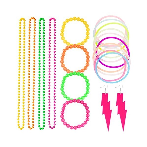 BETESSIN Kit COS des Années 80 Déguisement 2 Boucles dOreilles 4 Collier 4 Bracelet Perles Fluorescentes et 10 Bracelet Sili