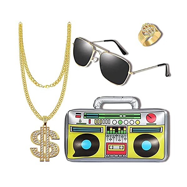 Accessoire Hip Hop, 4 Pièces Accessoires de rappeur, Kit de Hip Hop avec Collier dollar, Bague, Lunettes et Hip Hop Radio Gon