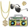 Accessoire Hip Hop, 4 Pièces Accessoires de rappeur, Kit de Hip Hop avec Collier dollar, Bague, Lunettes et Hip Hop Radio Gon