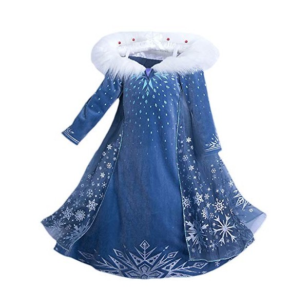 Eleasica Filles Cosplay Robe de Princesse Elsa Manches Longues Reine des Neiges Robe Longue Costume de Robe Bleu Chaude Doux 