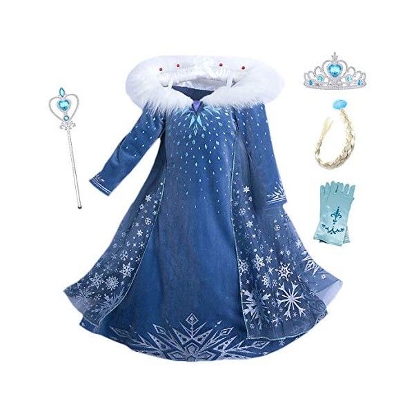 Eleasica Filles Cosplay Robe de Princesse Elsa Manches Longues Reine des Neiges Robe Longue Costume de Robe Bleu Chaude Doux 