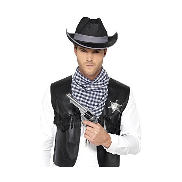 Smiffys Kit Western, Faux gilet en cuir, chapeau, badge et foulard, M-L, Noir