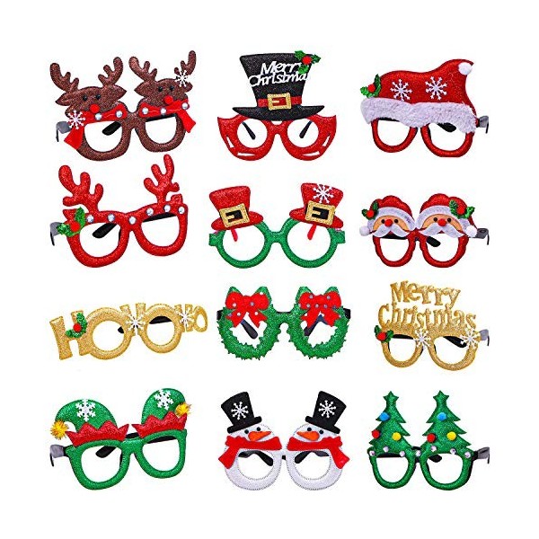 Aneco 12 styles de lunettes de Noël à paillettes pour fête de Noël