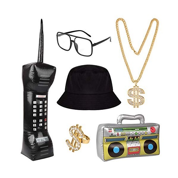 Hotusi Kit de costume hip-hop avec bob, lunettes de soleil, boom box gonflable pour téléphone portable, signe dollar, chaîne 