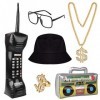 Hotusi Kit de costume hip-hop avec bob, lunettes de soleil, boom box gonflable pour téléphone portable, signe dollar, chaîne 