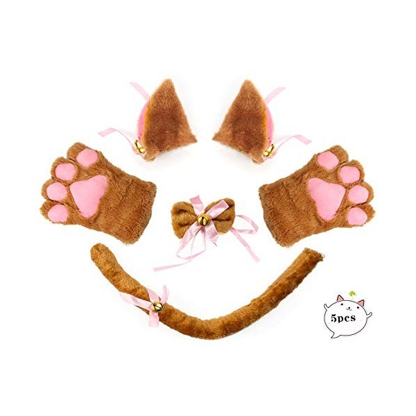 Beelittle Cat Cosplay Costume Oreilles de Chaton Tail Collar Paws Cat Collection Cosplay 5 Pack Brown1 