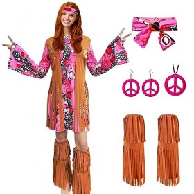 ATAMET Costume de hippie des années 60 et 70 pour femmes – Robe disco pour Halloween – Costume de fête des années 70 rose A,