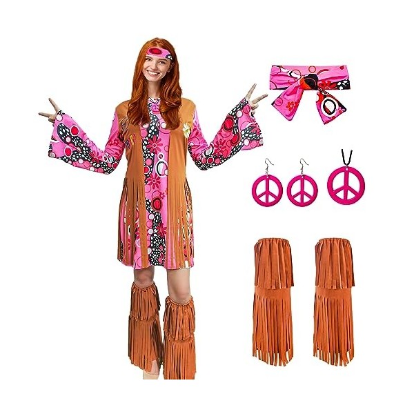 ATAMET Costume de hippie des années 60 et 70 pour femmes – Robe disco pour Halloween – Costume de fête des années 70 rose A,