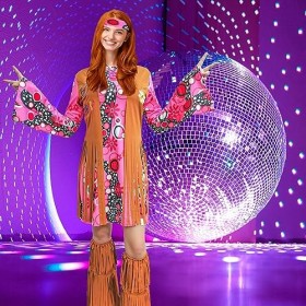 ATAMET Costume de hippie des années 60 et 70 pour femmes – Robe disco pour Halloween – Costume de fête des années 70 rose A,