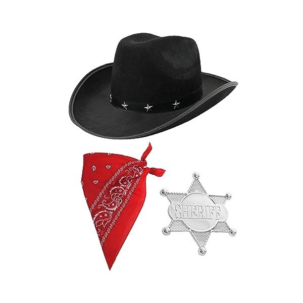 Ensemble daccessoires de cowboy pour enfant – Chapeau de cowboy clouté étoile noire, bandana cachemire rouge, badge de shéri