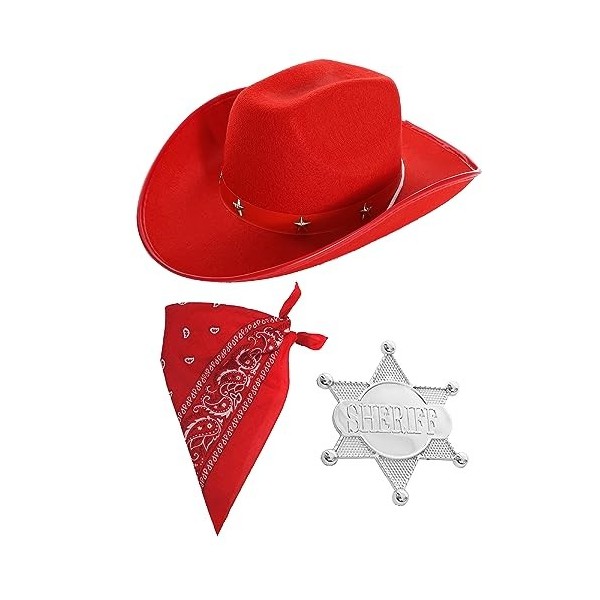 Ensemble daccessoires de cowboy pour enfant – Chapeau de cowboy clouté étoile noire, bandana cachemire rouge, badge de shéri