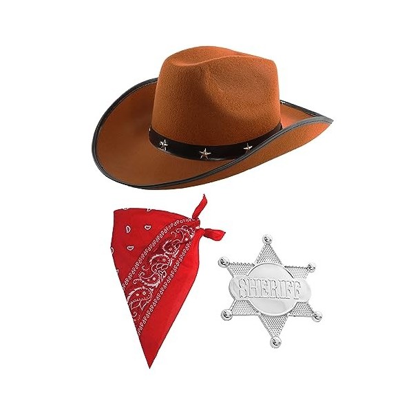 Ensemble daccessoires de cowboy pour enfant – Chapeau de cowboy clouté étoile noire, bandana cachemire rouge, badge de shéri