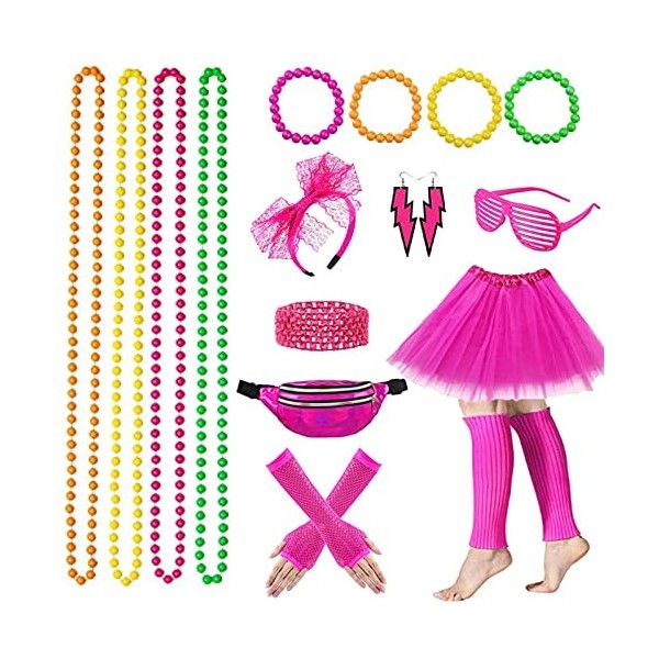 Deguisement Annee 80 Femme Accessoire Fluo,Tutu Fluo,Sac Banane,Lunette,Bandeau,Colliers,Bracelets,Jambières,Boucles Doreill