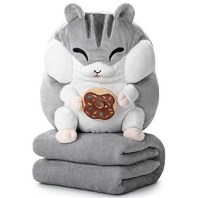 Grand hamster Doudou avec couverture moelleuse, 32 cm, couverture douillette 210 cm x 95 cm, gris vert, 2 en 1