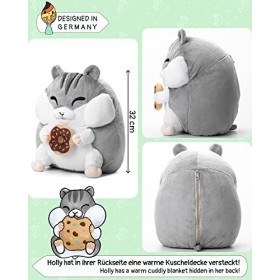 Grand hamster Doudou avec couverture moelleuse, 32 cm, couverture douillette 210 cm x 95 cm, gris vert, 2 en 1
