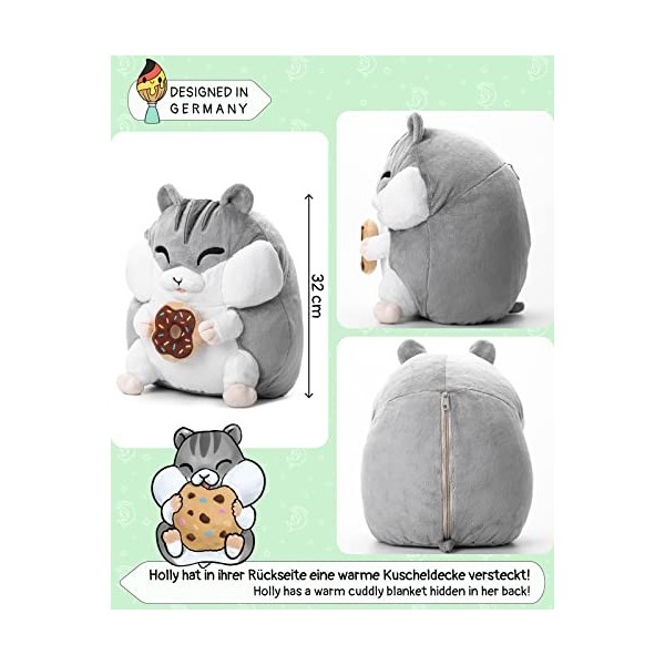 Grand hamster Doudou avec couverture moelleuse, 32 cm, couverture douillette 210 cm x 95 cm, gris vert, 2 en 1