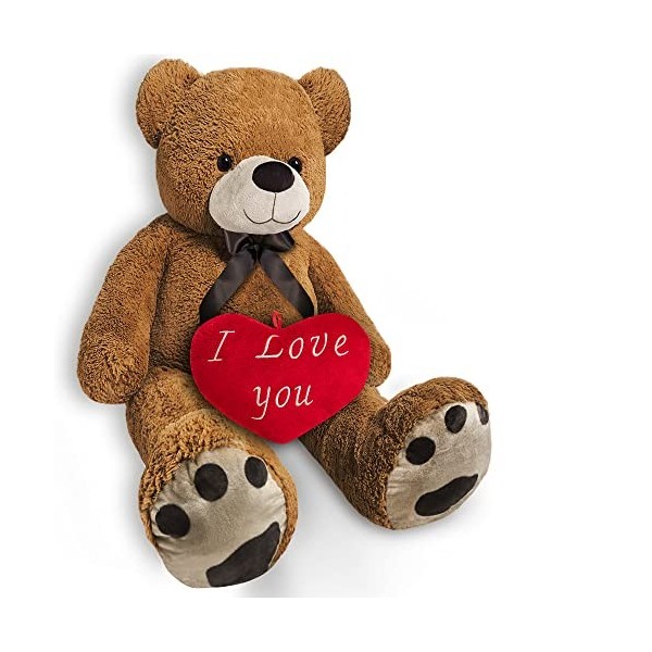 Monzana Ours en Peluche avec Coussin Coeur XL 100cm Brun Doux Dense Noeud Nounours Je taime Cadeau Saint-Valentin Ours en Pe