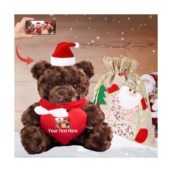 Noël Nounours avec Texte+Photo Personnalisé, Cadeaux Personnalisés Nounours avec Cœur avec Décoration Noël pour Cadeau idée C