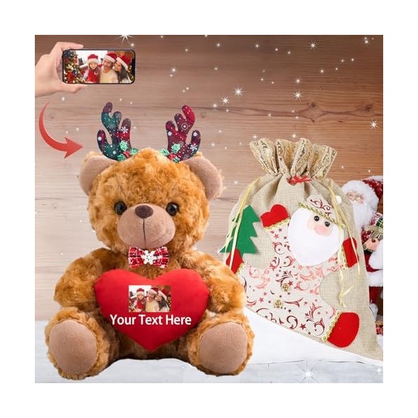 Noël Nounours avec Texte+Photo Personnalisé, Cadeaux Personnalisés Nounours avec Cœur avec Décoration Noël pour Cadeau idée C