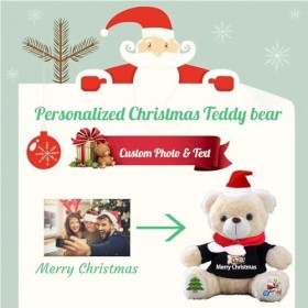 Noël Nounours Personnalisé avec Décoration Noël, Nounours avec Texte+Photo, Cadeau Personnalisé pour Homme Cadeau Noël Femme 