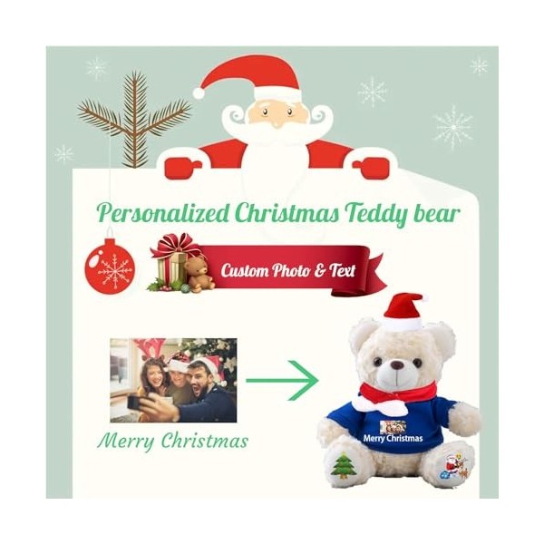 Noël Nounours avec Texte+Photo Personnalisé, Cadeaux Personnalisés Nounours avec Décoration Noël pour Cadeau idée Cadeau Noël