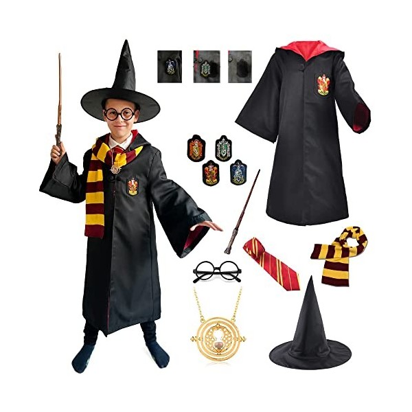 Costume Harry Le Sorcier pour Enfants, lensemble Comprend : Baguette, Chapeau, Lunettes, Cravate, Cape, médaillon, écharpe, 