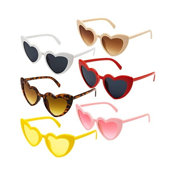 ANLIOTO Lot de 6 paires de lunettes de soleil en forme de cœur vintage pour femme Style hippie années 90 Accessoires de dégui
