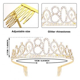 Abeillo Ensemble couronne et écharpe en strass pour 80e anniversaire - Diadème danniversaire en cristal doré 80 ans et cadea