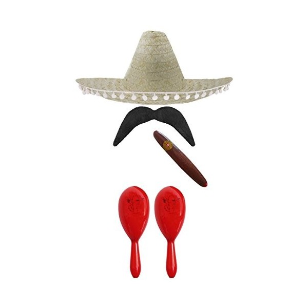 Ensemble daccessoires de déguisement mexicain avec sombrero + maracas + goupillon. Parfait pour les déguisements mexicains S