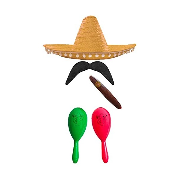 Ensemble daccessoires de déguisement mexicain avec sombrero + maracas + goupillon. Parfait pour les déguisements mexicains S