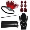 Yuccer Accessoire Annee 20 Set Vintage Bandeau Plume Collier Perles Boucles doreilles Gants de Noir Porte Cigarette Accessoi