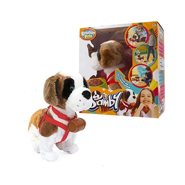 Emotion Pets Giochi Preziosi Samby en Peluche Tendre de Saint-Bernard à câliner et à déborder avec sa Laisse et sa tonneau, p