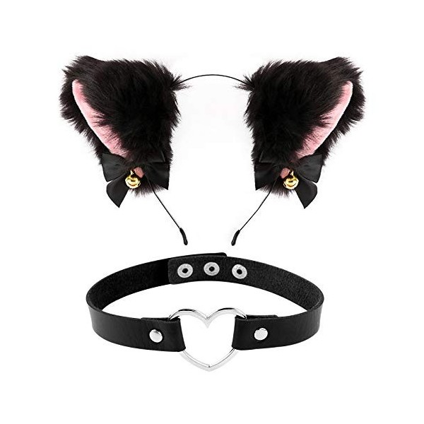 Serre-Tête Oreille de Chat Renard Bandeau Handband Noir et Collier Ras du Cou en PU avec Cloche Cat Costume Kit Accessoires C