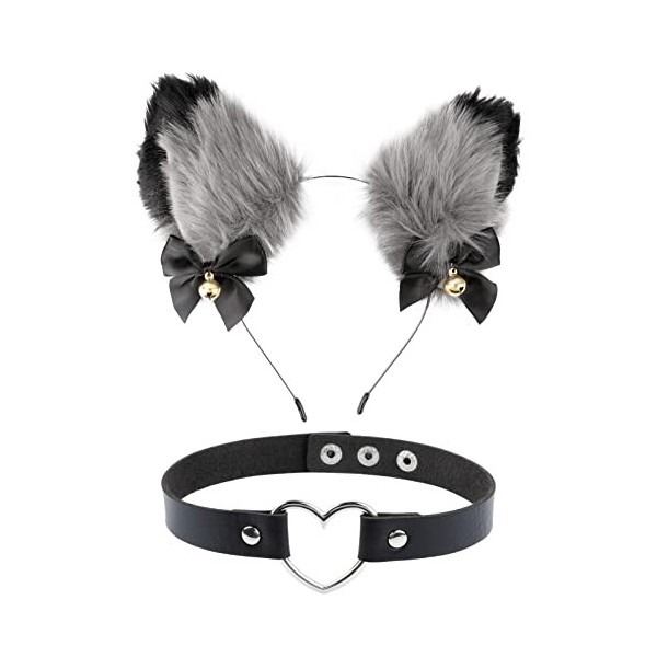 Serre-Tête Oreille de Chat Renard Bandeau Handband Noir et Collier Ras du Cou en PU avec Cloche Cat Costume Kit Accessoires C