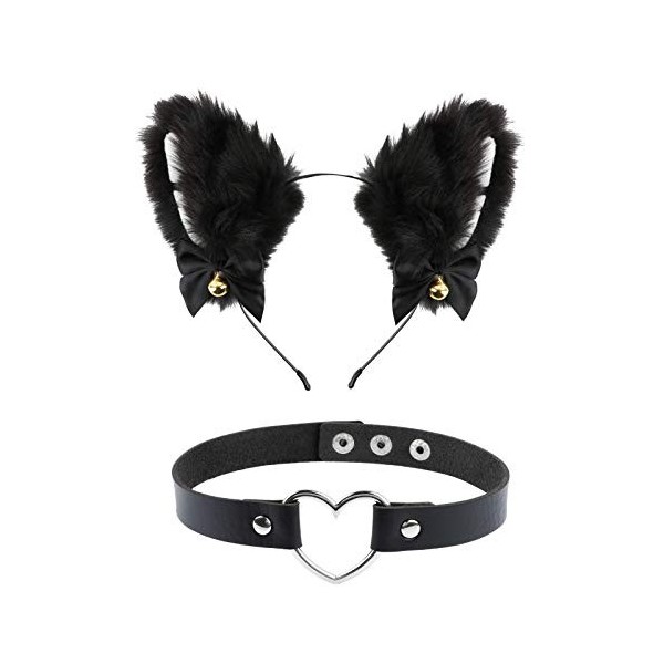 Serre-Tête Oreille de Chat Renard Bandeau Handband Noir et Collier Ras du Cou en PU avec Cloche Cat Costume Kit Accessoires C