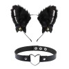 Serre-Tête Oreille de Chat Renard Bandeau Handband Noir et Collier Ras du Cou en PU avec Cloche Cat Costume Kit Accessoires C