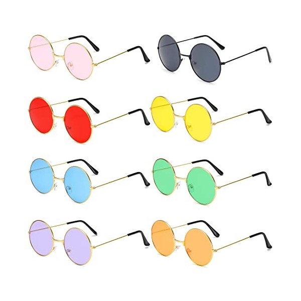 BOZILY Lot de 8 lunettes de soleil rondes avec monture en métal Style hippie rétro années 60 70 Accessoire de déguisement hip