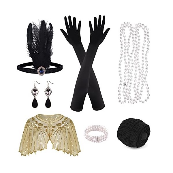 ELECLAND 10 Pièces Années 1920 Flapper Great Gatsby Accessoires Set Mode Roaring 20s Theme Set avec Bandeau Bandeau Long Gan