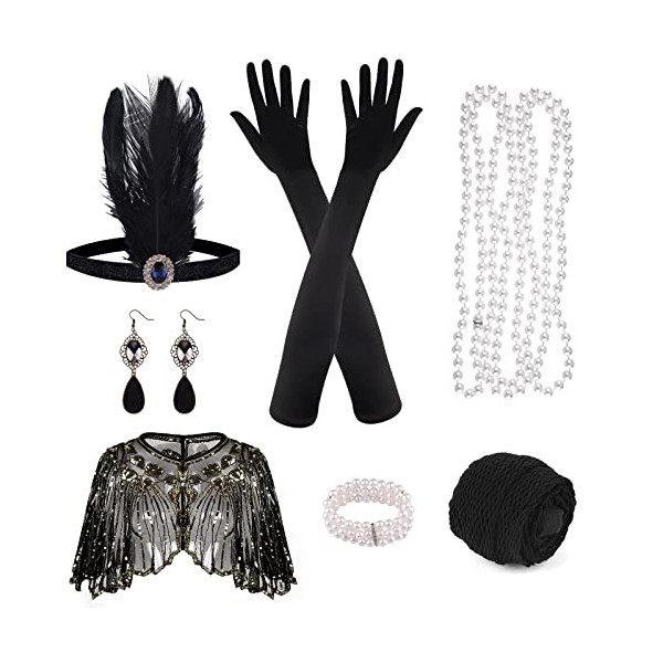 ELECLAND 10 Pièces Années 1920 Flapper Great Gatsby Accessoires Set Mode Roaring 20s Theme Set avec Bandeau Bandeau Long Gan