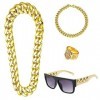 Kit de costume hip-hop pour homme, accessoires de rappeur des années 80/90, faux collier, bague hippie, lunettes disco