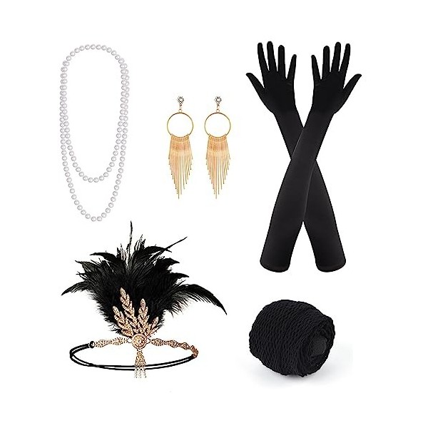 PLULON 8 Pièces Années 1920 Flapper Great Gatsby Ensemble dAccessoires Mode Années 20 Ensemble à Thème avec Bandeau Bandeau 